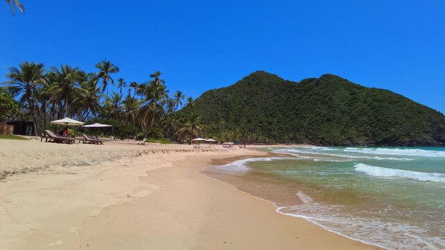 A static panoramic view of the large, secluded beach at Choroni, with chairs and umbrellas, palm trees along the shore, and clear waters, with green mountains in the background, Aragua, Venezuela