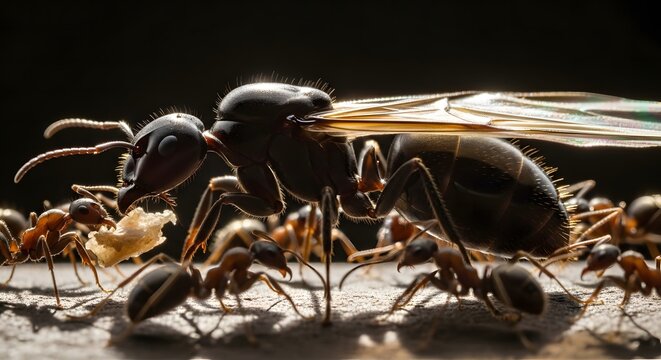 ants surrounding winged queen ant glossy body texture macro colony behavior