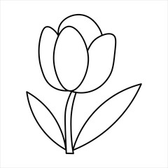Obraz premium Simple black and white line art drawing of a single tulip flower with a stem and two leaves, perfect for coloring activities.