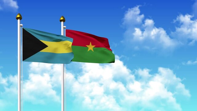 Waving flags of BAHAMAS and BURKINA FASSO on pole included with alpha