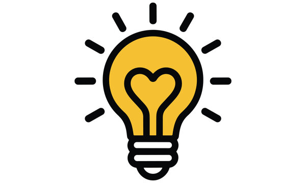 Minimalist yellow light bulb icon with a heart shape inside representing creative passion and love for innovation isolated on white background