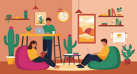 Fototapeta premium People working and relaxing in a modern coworking space.