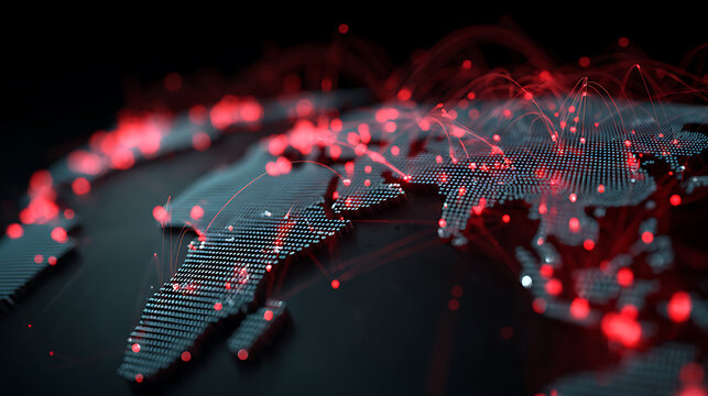 Global cyberattack visualization with illuminated world map, digital connections, and data breach networks, representing cybersecurity threats, hacking, and international digital infrastructure