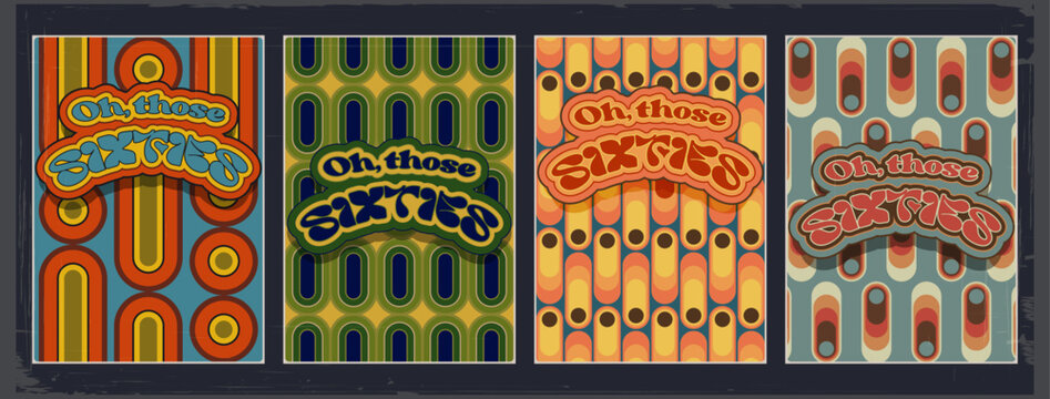 Groovy Sixties Pattern Set. 1960s Style Poster Templates, Vector Background Set for Retro Posters, Covers, Illustrations