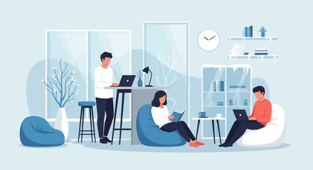 Fototapeta premium People working and relaxing in a modern co-working space.