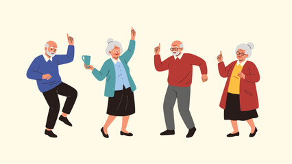 Obraz premium Joyful group of senior citizens dancing and celebrating with coffee to promote active aging and healthy lifestyles in a flat vector illustration.