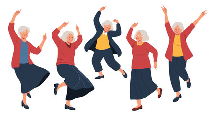 Fototapeta premium Multiple poses of an active elderly woman dancing happily in a red cardigan to illustrate themes of senior health, vitality, and joyful aging.