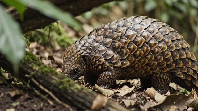 Pangolin walking through dense forest floor in wildlife. 4K Video