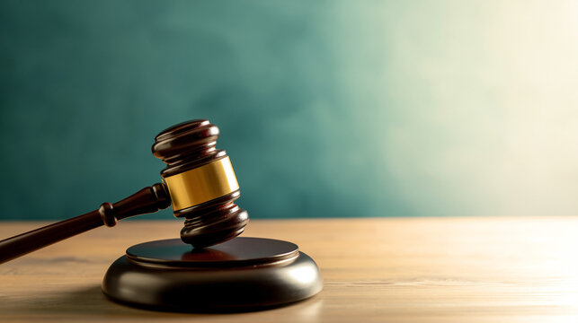 A gavel rests on a sound block in a courtroom setting with a green wall