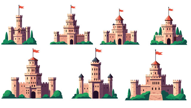 Collection of medieval stone castles features various designs with tall towers, defensive walls, red flags, and green surroundings.