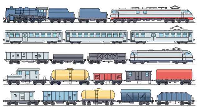 Extensive collection of train engines and railcars includes steam locomotives, modern electric trains, cargo wagons, and fuel tanks.