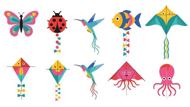 Group of colorful kites designed in shapes of animals and objects like butterflies and fish for fun outdoor activities and hobbies in summer.
