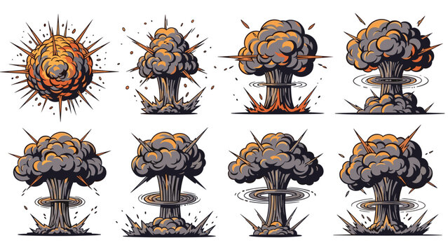 Sequence of various nuclear mushroom cloud explosions in different stages and shapes for comic book, action, and dramatic scene design.