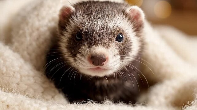 Adorable Ferret Peeking Out From Cozy White Blanket, Close-Up View.