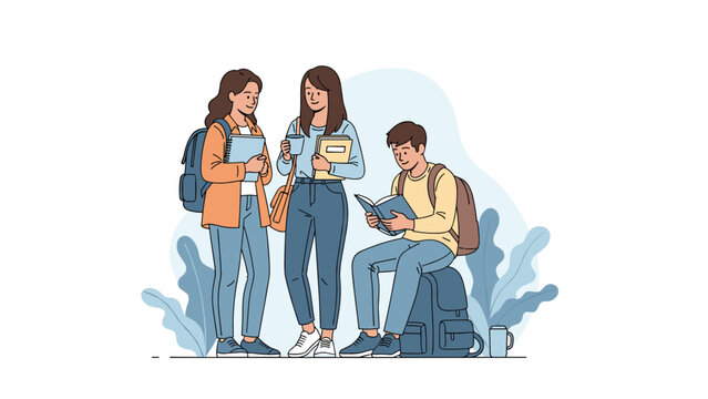 Three diverse university students stand together talking and holding books in a sunny outdoor campus environment.