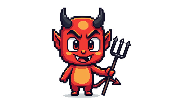 Cute Pixel Art Devil Character Holding Trident.