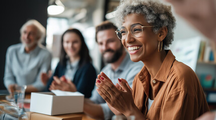 Obraz premium Startup founder testing product packaging with potential buyers at a small presentation table during an in-person meeting focused and collaborative