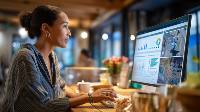 Fashion manager analyzing analytics dashboard to track online ads and store visits in an office with security monitoring, focused and analytical