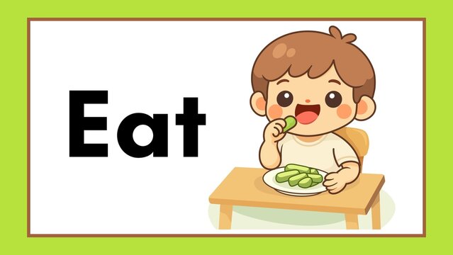 Cheerful cartoon boy happily demonstrating the verb 'Eat' while enjoying green food, a perfect visual for children's educational materials, language learning, and healthy eating promotions
