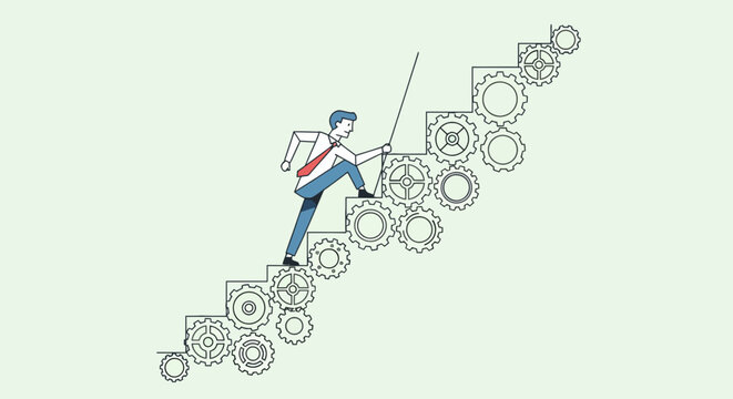 Businessman climbing gear cog ladder.