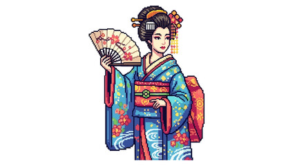 Obraz premium Beautiful Japanese Geisha Woman Holding a Fan.