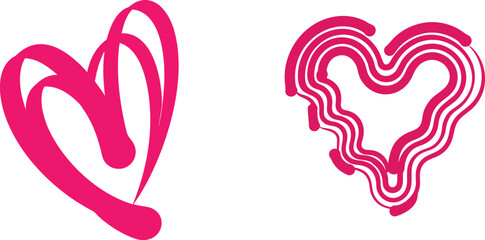 Obraz premium Two whimsical pink hearts, one with swirls and the other with a ribbon-like design, abstractly.