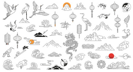 Obraz premium Large collection of traditional Chinese and Japanese cultural symbols includes dragons, cranes, lanterns, mountains, and waves in line art.