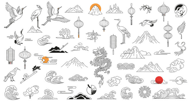 Large collection of traditional Chinese and Japanese cultural symbols includes dragons, cranes, lanterns, mountains, and waves in line art.