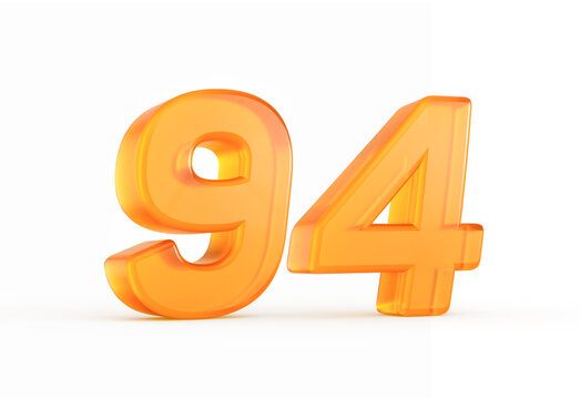Vivid orange number 94 with a bright reflective surface and smooth texture. 3D illustration.