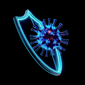 virus protection shield, neon immune system defense, 3d medical icon
