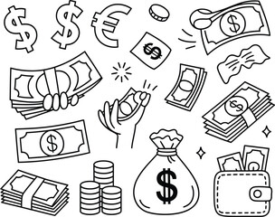 Fototapeta premium Black and white illustration of various money and financial symbols including dollar signs coins banknotes wallet and money bag