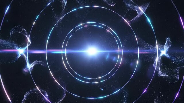 Elegant lens flare on black backdrop concept. Bright glowing futuristic energy waves and particles in outer space with vibrant blue and purple colors