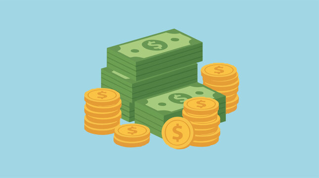 Isometric illustration of stacks of money bills and gold coins on blue background