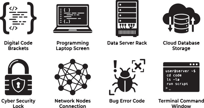 Coding, programming, and database icons, digital code, cybersecurity, bug fix