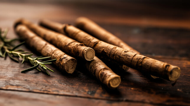 A close-up photo of several burdock root sticks on a wooden surface with rosemary