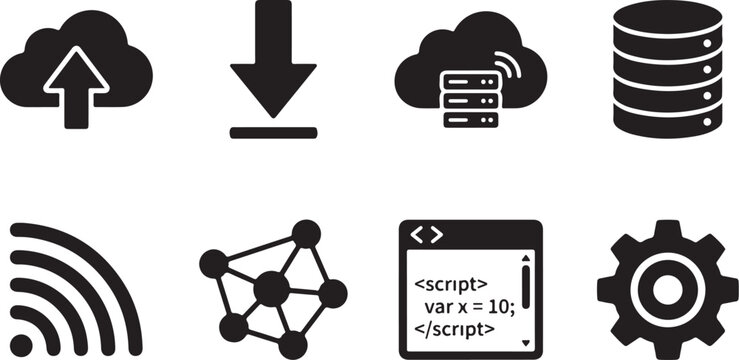 Technology icons, web development symbols, coding graphics, network and database vector set