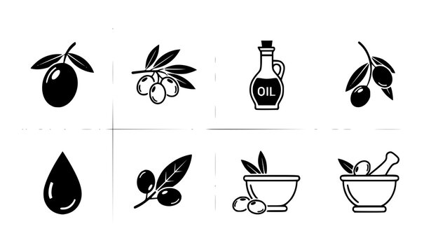 Olive and olive oil icon grid vector set with black and white minimal food design