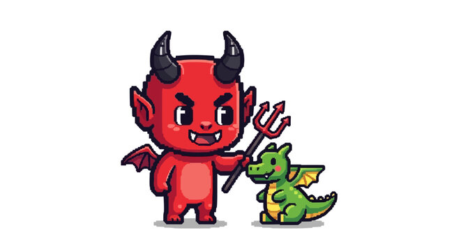 Cute Red Devil Character Holding Trident Next To Baby Dragon.