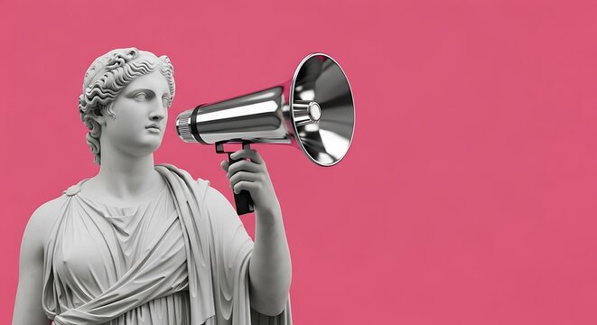 Statue of a woman holding a megaphone, set against a vibrant pink background