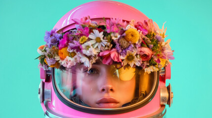 Fototapeta premium A young girl wearing a pink astronaut helmet with a colorful floral crown