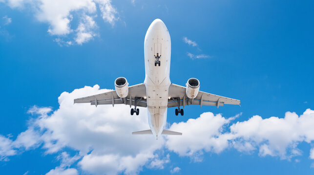 A white airplane flying high in a clear blue sky with fluffy clouds