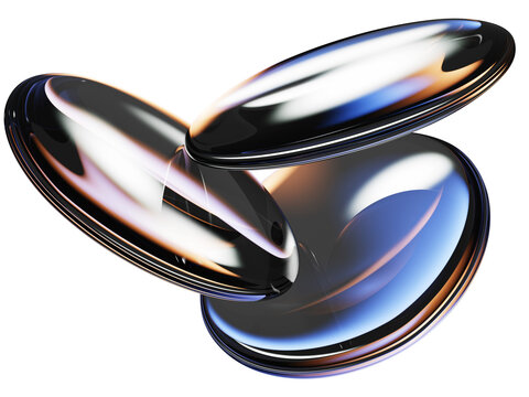 Abstract black background with liquid glass circle discs, inflatable 3D shapes. Crystal light holographic circular disks, iridescent transparent lens with gold blue neon gradient