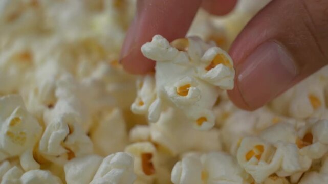 Macro shot of fingers carefully picking up a single fluffy piece of popped corn from a large heap