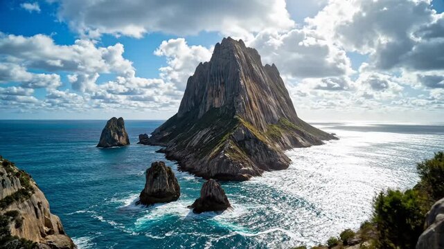 High-angle view of a massive basalt rock island with sharp peaks and vertical cliffs standing in the deep blue ocean under a partly cloudy sky with bright sunlight and sea stacks.