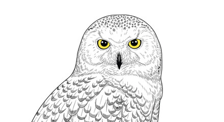Fototapeta premium Detailed black and white sketch of a snowy owl head with bright yellow eyes and intricate feather patterns on a white background.