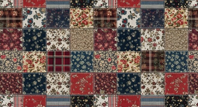 Vintage floral patchwork design with mixed fabric textures and patterns