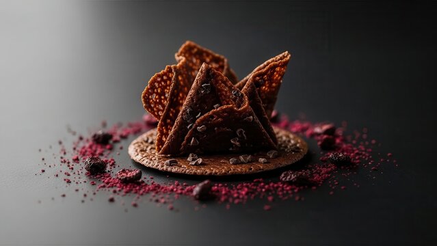 Artistic chocolate lace tuile dessert with berry powder on a dark background