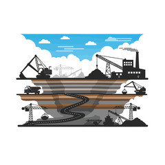 Fototapeta premium Industrial mining complex with excavators, cranes, trucks, and underground tunnels