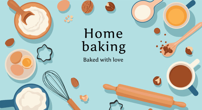 Flat lay composition of home baking ingredients including flour eggs various nuts and kitchen tools on a clean blue background surface.