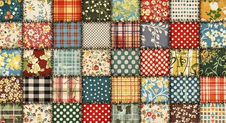 Fototapeta premium Multi-colored patchwork quilt pattern with floral and geometric designs